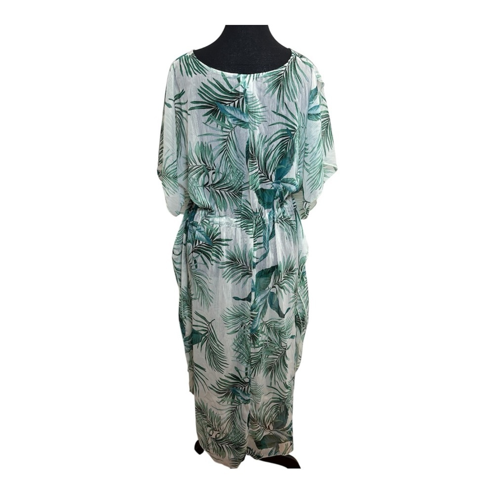 Kona Sol Tropical Palm Leaf Midi Dress Cover Up M Green Resort Vacation Tassel - Picture 5 of 14